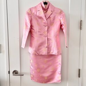 Vintage Custom Made Silk Organza Pink Jacket & Qipao Cheongsam Set Size XS
